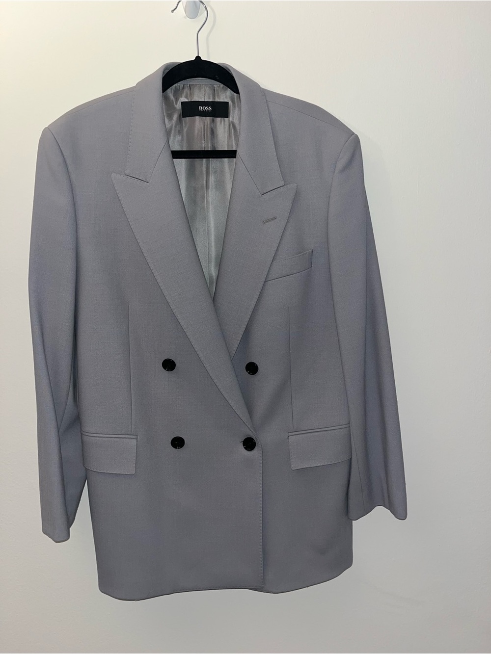 Hugo Boss Double-Breasted Light Gray Blazer with Black Buttons